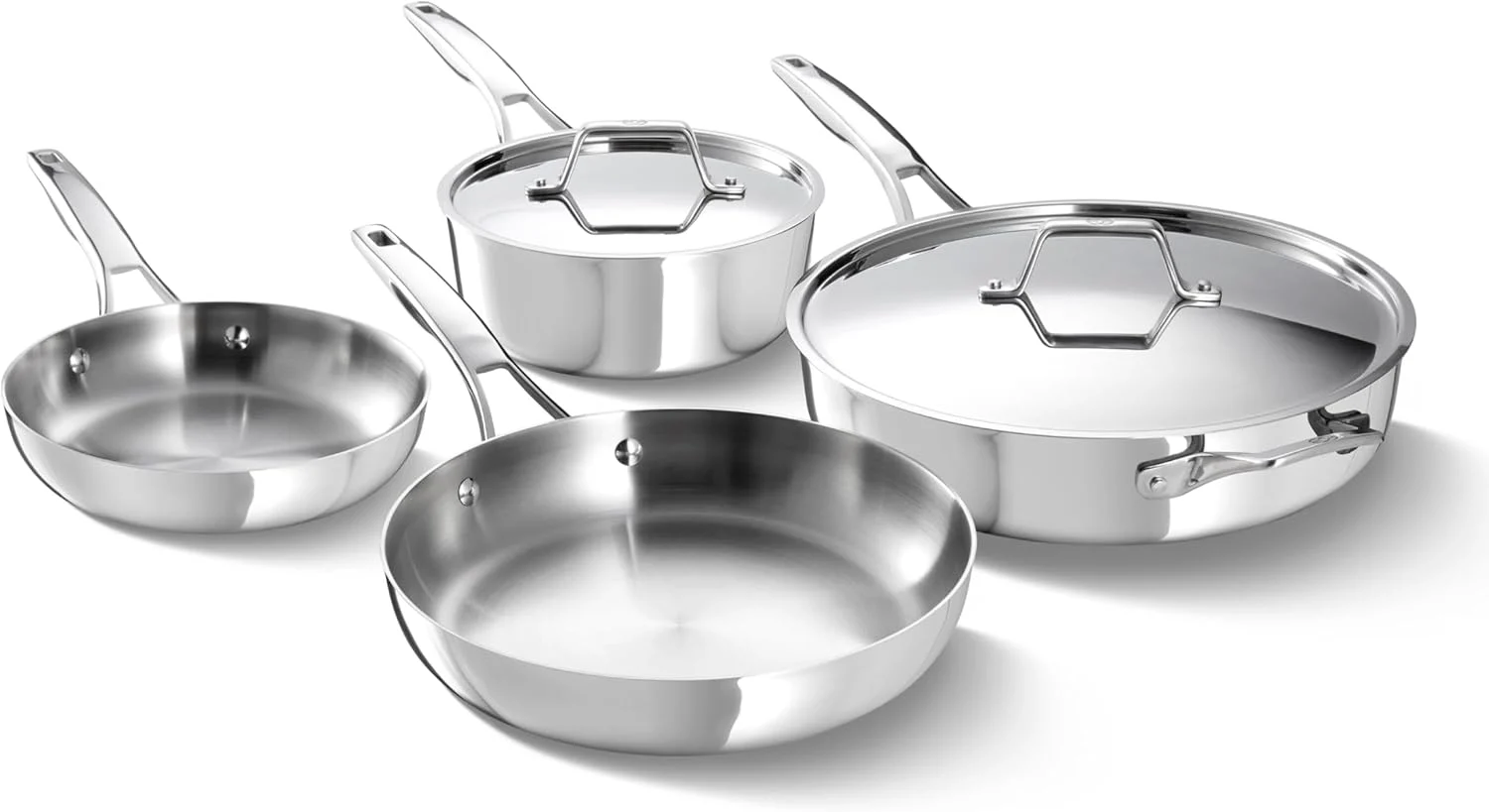 Calphalon Premier Polished 5-Ply Stainless Steel Cookware Set w/Turbo Heat Tech 6 Piece Includes Frying Pans, Pots and Pans Set, Induction, Oven Safe 500F, Silver