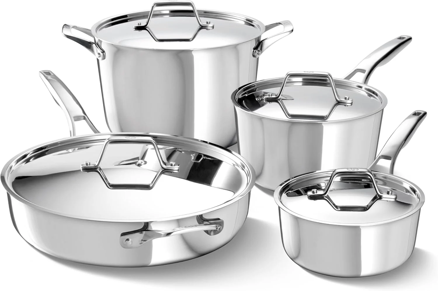Calphalon Premier Polished 5-Ply Stainless Steel Cookware Set w/Turbo Heat Tech 8 Piece Includes Frying Pans, Pots and Pans Set, Induction, Oven Safe 500F, Silver
