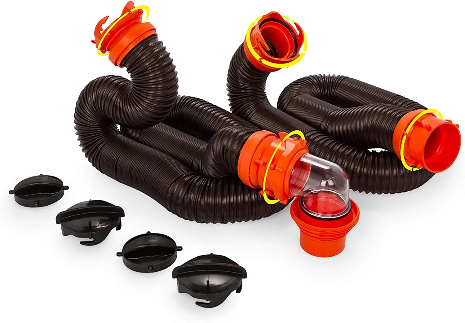 Camco 20′ (39742) RhinoFLEX 20-Foot RV Sewer Hose Kit, Swivel Transparent Elbow with 4-in-1 Dump Station Fitting-Storage Caps Included , Black , Brown