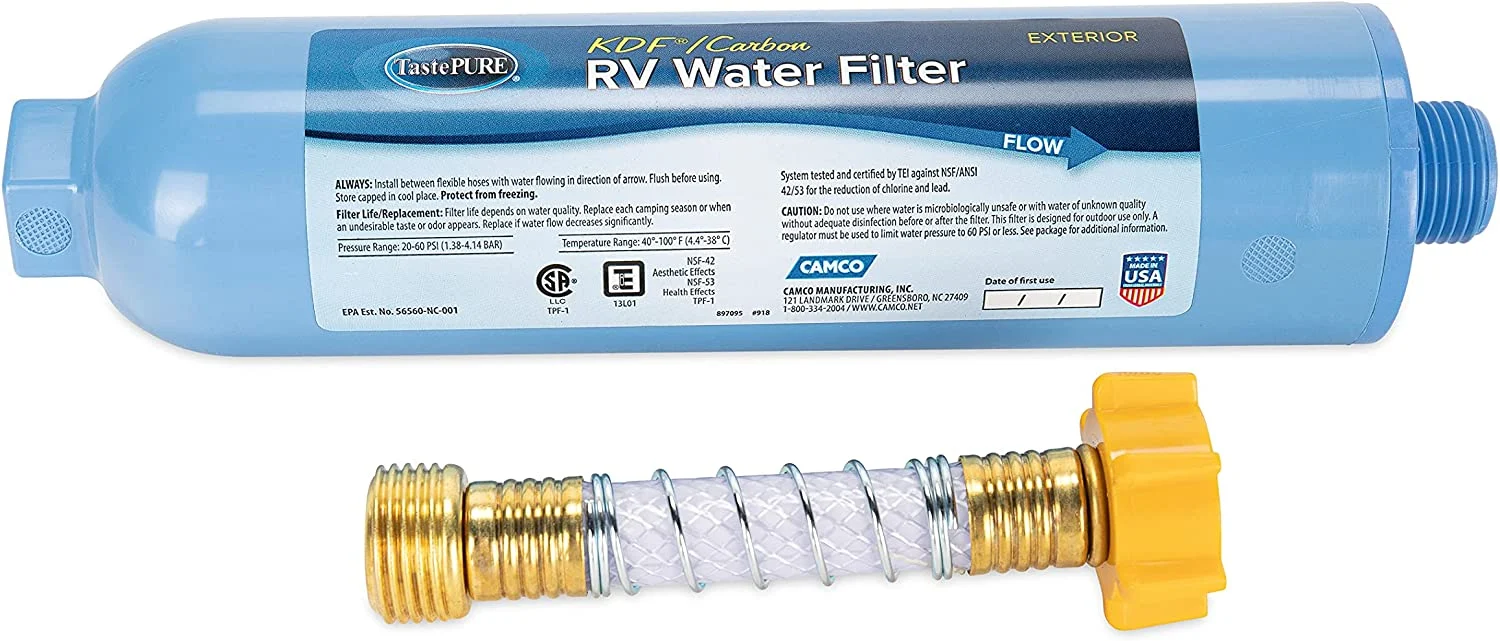 Camco TastePure RV/Marine Water Filter with Flexible Hose Protector, Chlorine and Sediment in Drinking Water (40043)