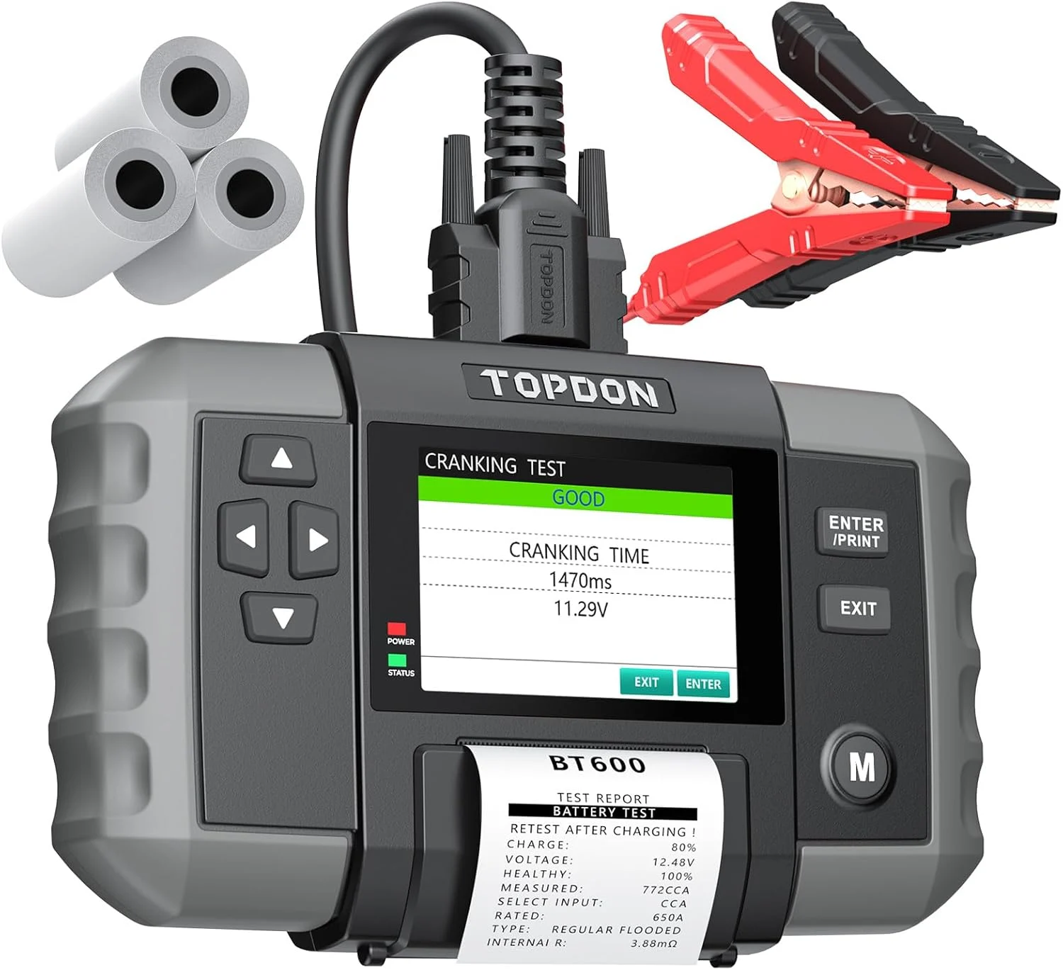 Car Battery Tester, TOPDON BT600 12V, 12V/24V Cranking Tests and Charging Alternator Load 100-2000CCA Digital Battery Voltage Tester, 3.5″ Screen with Built-in Printer