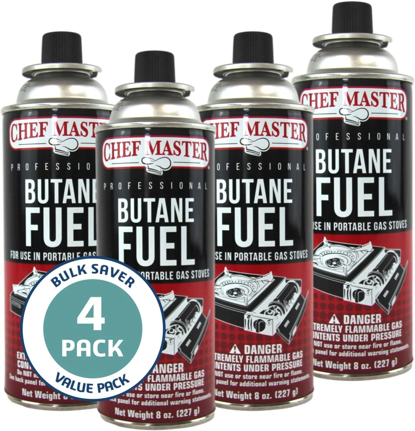 Chef Master 90340 | Pack of 4 Butane Fuel Cylinders| 8oz Butane Canisters for Portable Stove