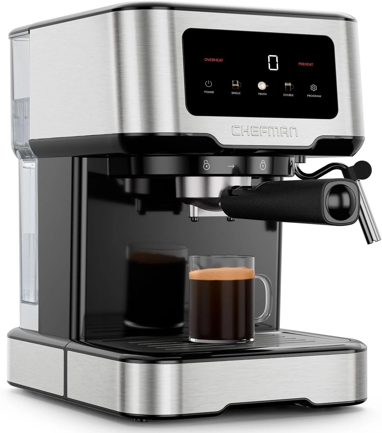 Chefman CraftBrew Espresso Machine, 15-Bar Pump Digital Espresso Maker w/Steam Wand for Latte & Cappuccino, Stainless Steel