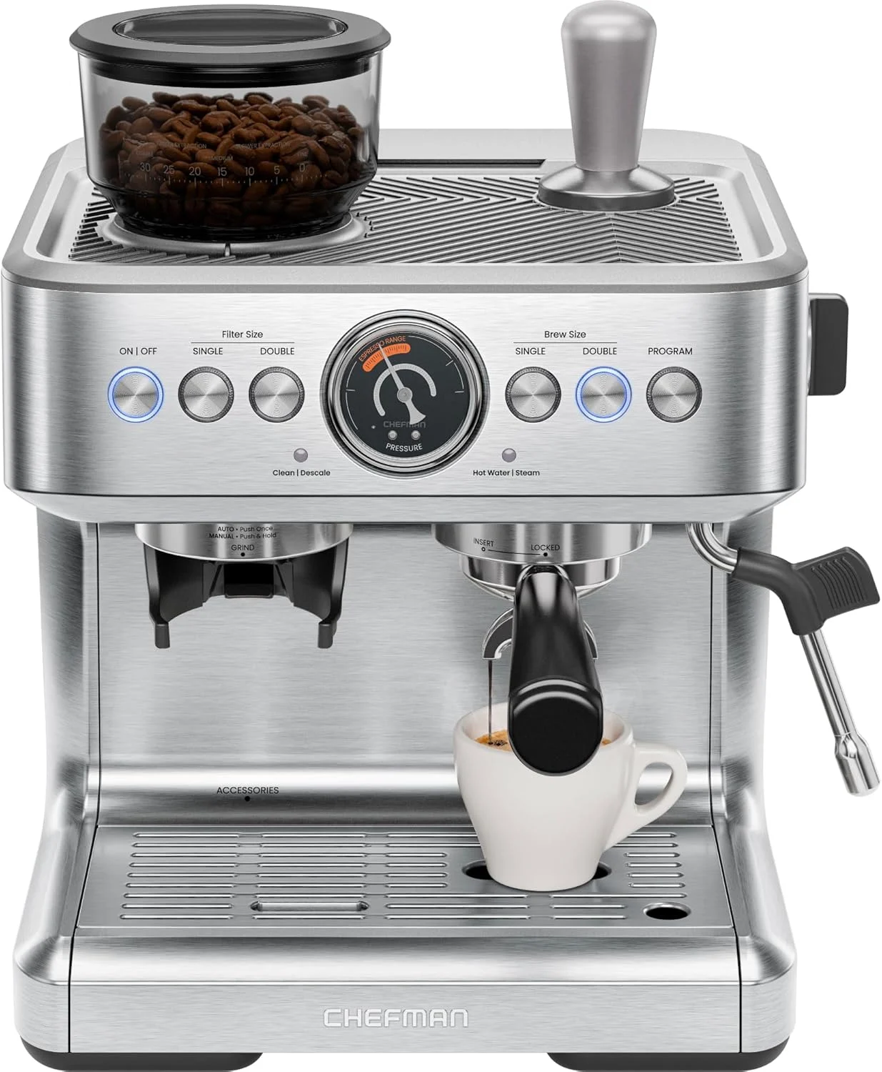 Chefman Crema Supreme 15 Bar Espresso Machine with Milk Frother, Barista Steam Wand, Stainless Steel