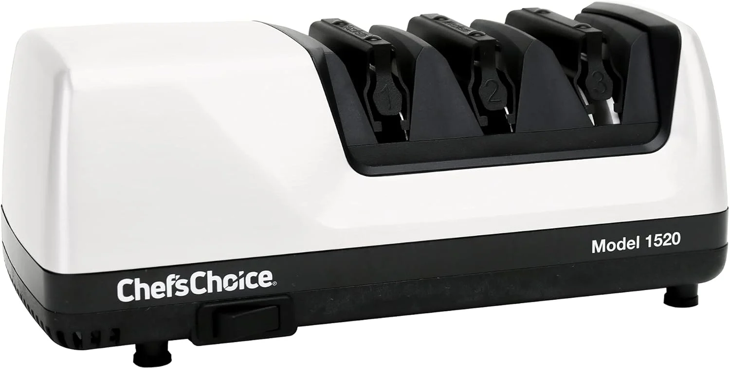 Chef’s Choice Professional Electric Knife Sharpeners for 15- and 20-Degree Straight-Edge and Serrated Knives with Diamond Abrasives & Precision Angle Control, 3-Stage, White