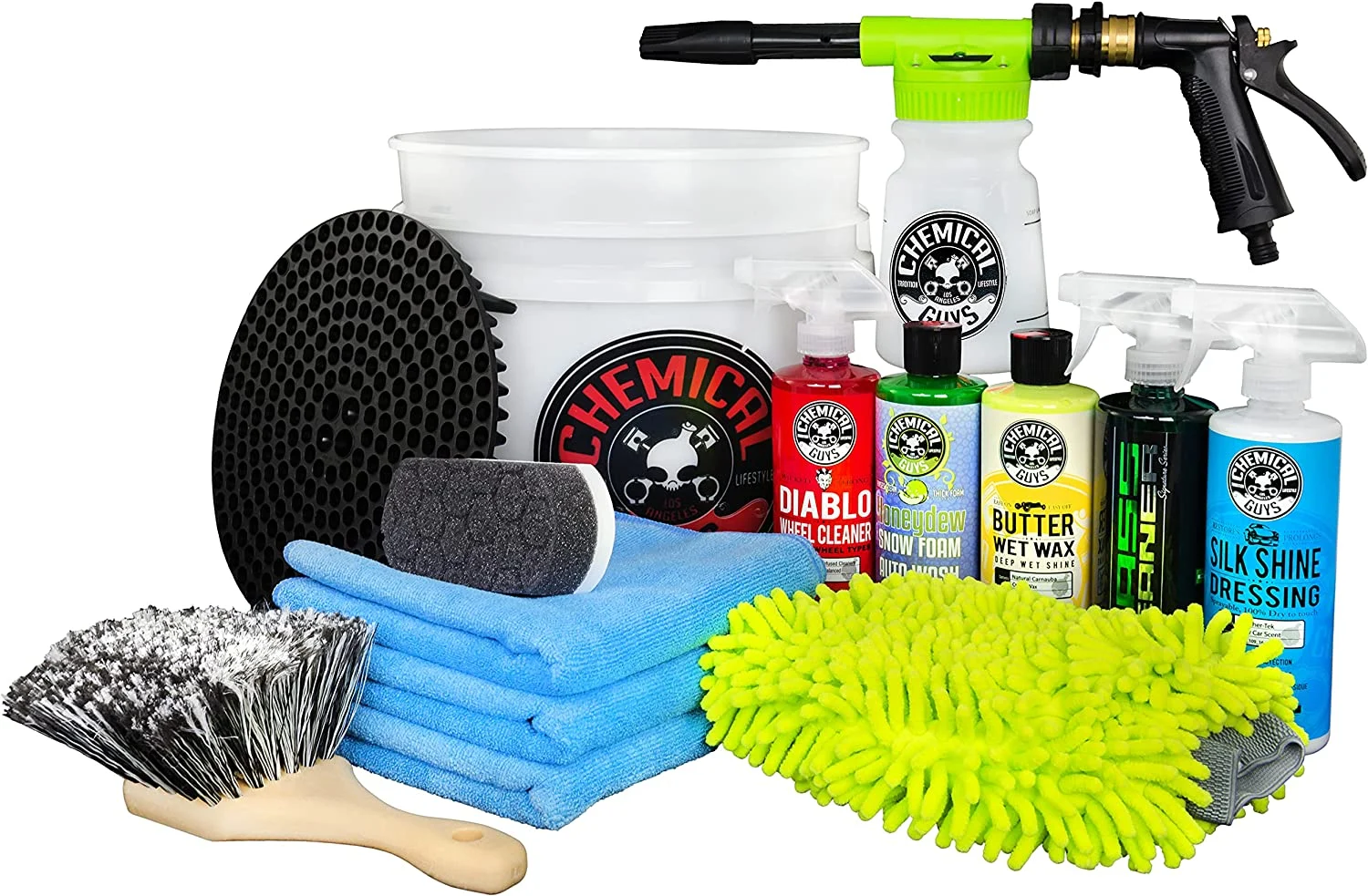 Chemical Guys HOL126 14-Piece Arsenal Builder Car Wash Kit with Foam Gun, Bucket and (5) 16 oz Car Care Cleaning Chemicals (Works w/Garden Hose) , White