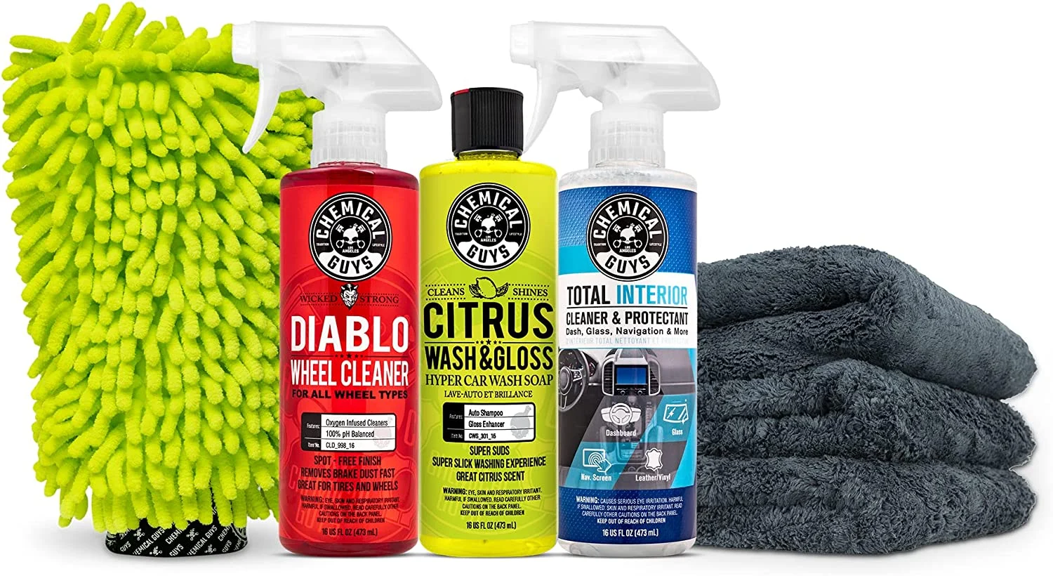 Chemical Guys HOL357 Clean & Shine Car Wash Starter Kit – Safe for Cars, Trucks, Motorcycles, SUVs, Jeeps, RVs & More (7 Items, Including 3 16 oz. Car Detailing Chemicals)