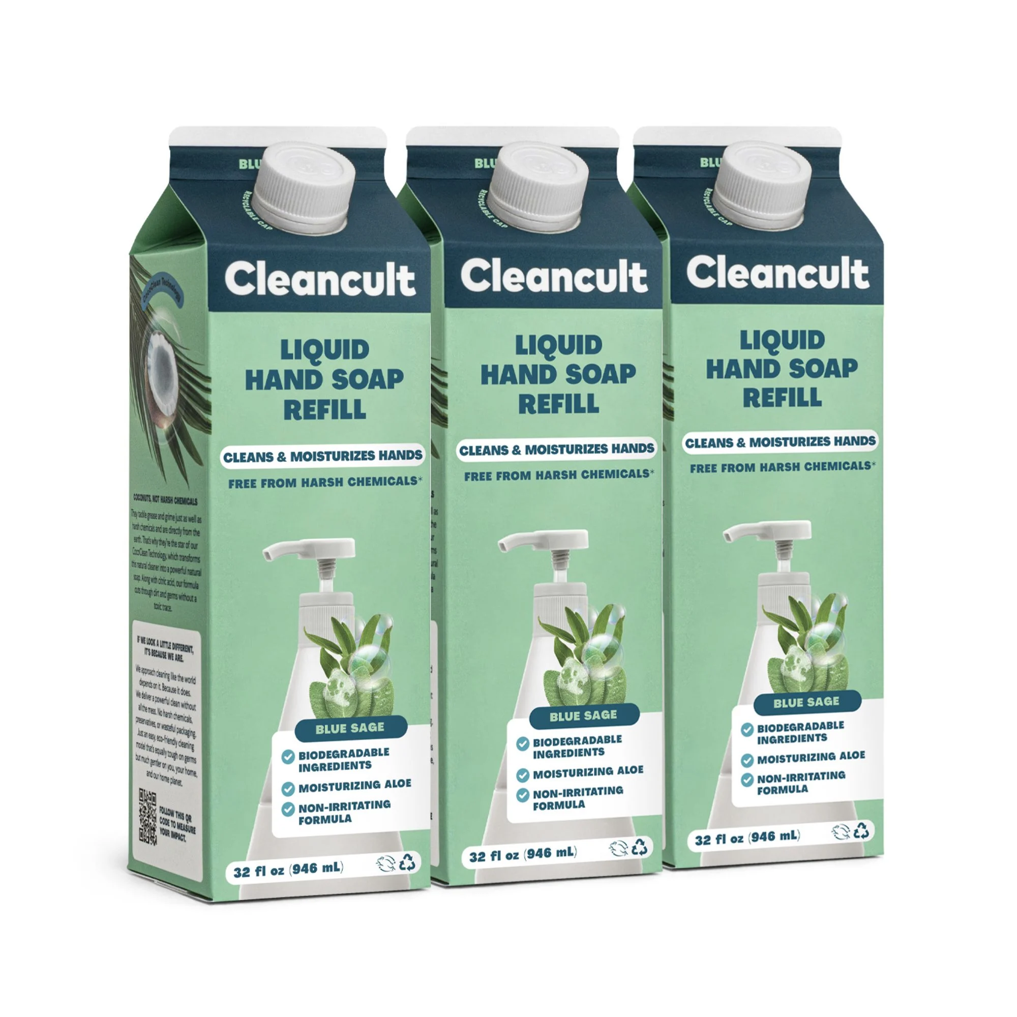 Cleancult Liquid Hand Soap Refill, Blue Sage, 32oz, 3 Pack – Coconut-Derived Hand Soap that Nourishes & Moisturizes – Liquid Soap Made with Aloe – Paraben & Phthalate Free
