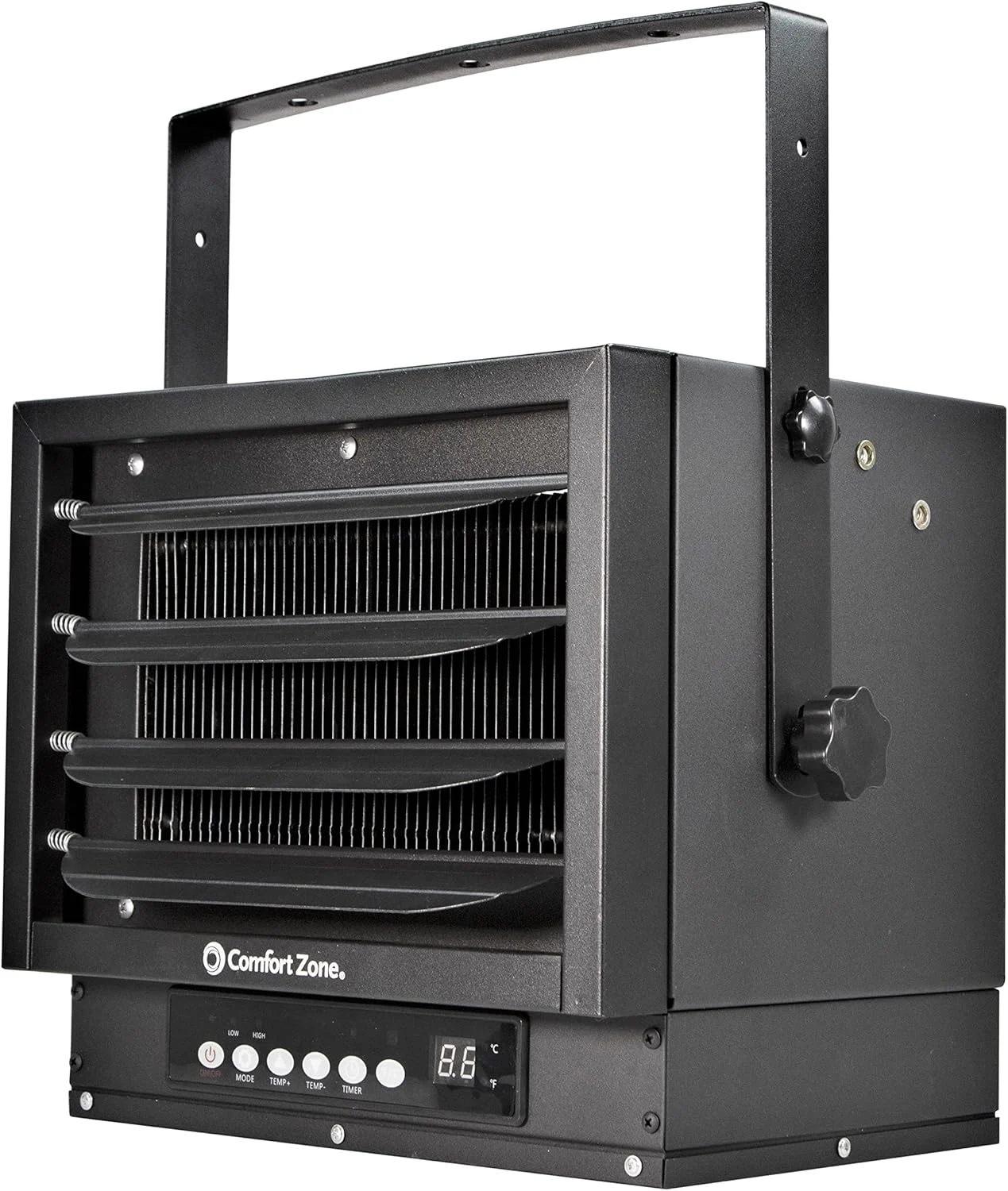 Comfort Zone Hard-Wired Ceiling Mount Garage Space Heater with Remote, 7,500 Watt, 240 Volt, Fan-Forced, Overheat Protection, Digital Thermostat, 12-Hour Timer, Ideal for Garage & Workshop, CZ230ERBK, Black
