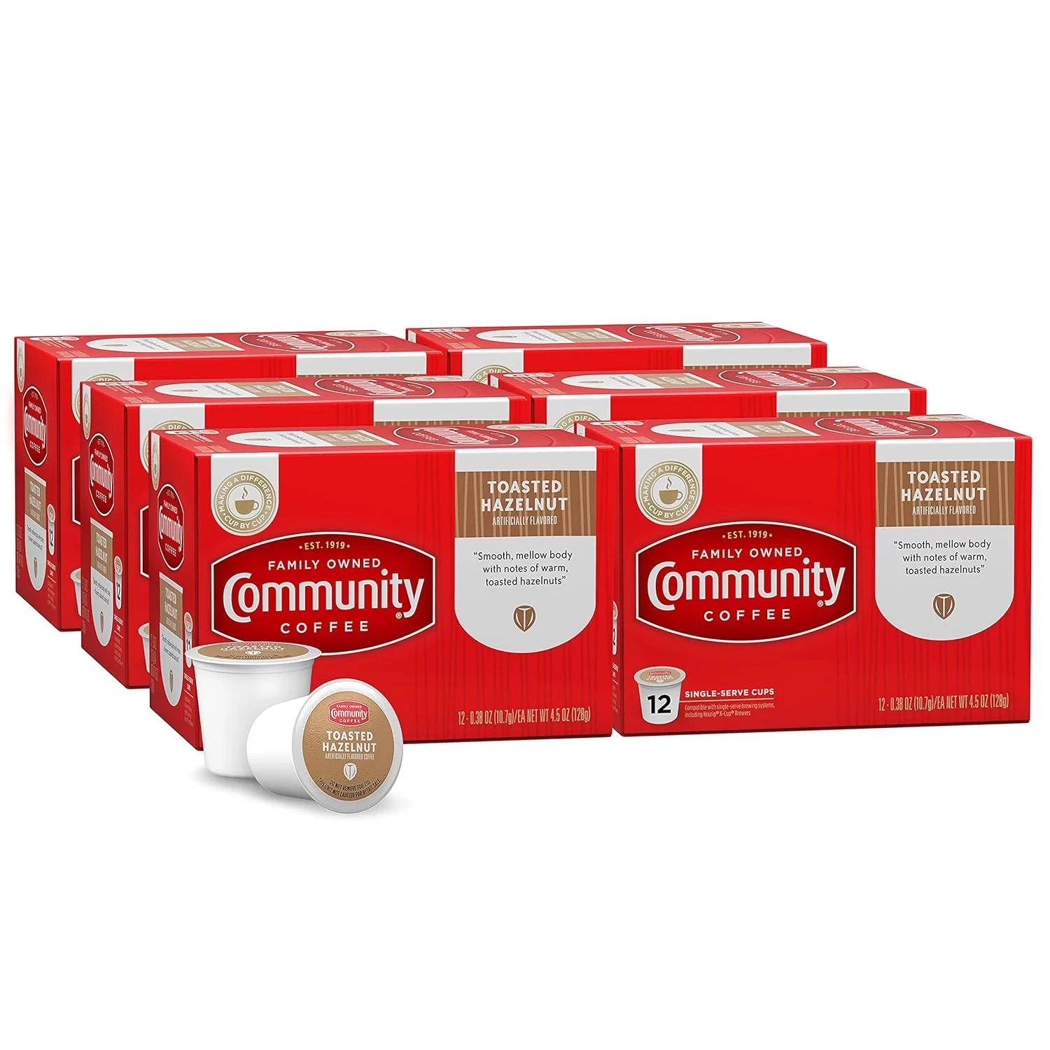 Community Coffee Toasted Hazelnut Flavored 72 Count Coffee Pods, Medium Roast, Compatible with Keurig 2.0 K-Cup Brewers, 12 Count (Pack of 6)