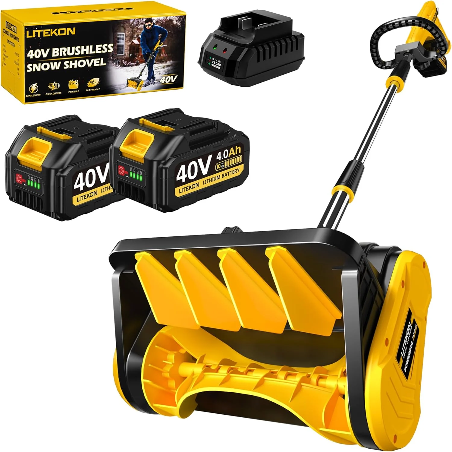 Cordless Snow Shovel, 40V | 13-Inch | 4.0-Ah High Power Brushless Snow Blower, Battery-Powered Snow Blower for Patio, Deck, Driveway (2 * 40V Battery & Quick Charger Included)