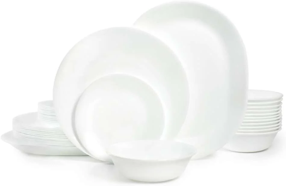 Corelle Vitrelle 38-Piece Service for 12 Dinnerware Set, Triple Layer Glass and Chip Resistant, Lightweight Round Plates and Bowls Set, Winter Frost White