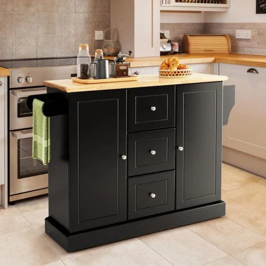 Costway 2-Door Large Black Mobile Kitchen Island Cart with Hidden Wheelsand 3 Drawers