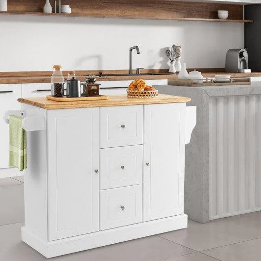 Costway 2-Door Large White Mobile Kitchen Island Cart with Hidden Wheelsand 3 Drawers