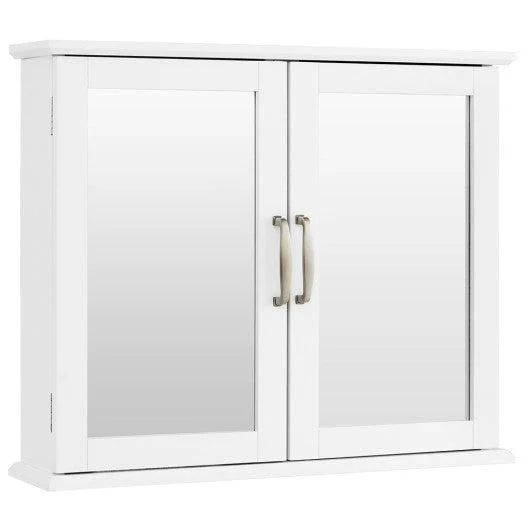 Costway 2-Tier White Bathroom Wall-Mounted Mirror Storage Cabinet with Handles