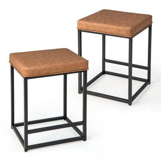 Costway 24" 2 Pieces Brown Bar Stools with Thick PVC Leather Cushion and Footrest