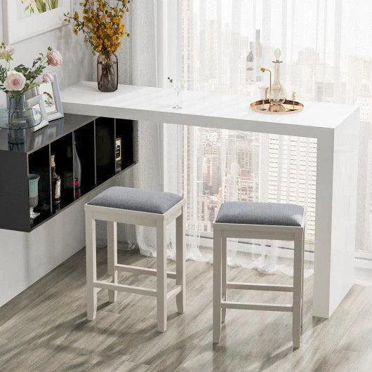 Costway 25" 2 Pieces White Upholstered Bar Stool Set with Solid Rubber Wood Frame and Footrest