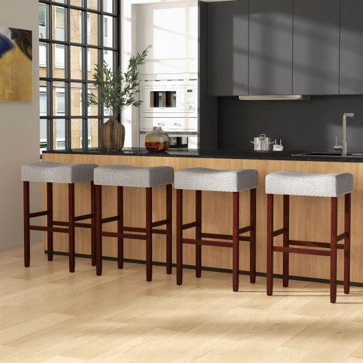 Costway 29" Gray Set of 2 Upholstered Bar Stool with Solid Rubber Wood Legs and Footrest