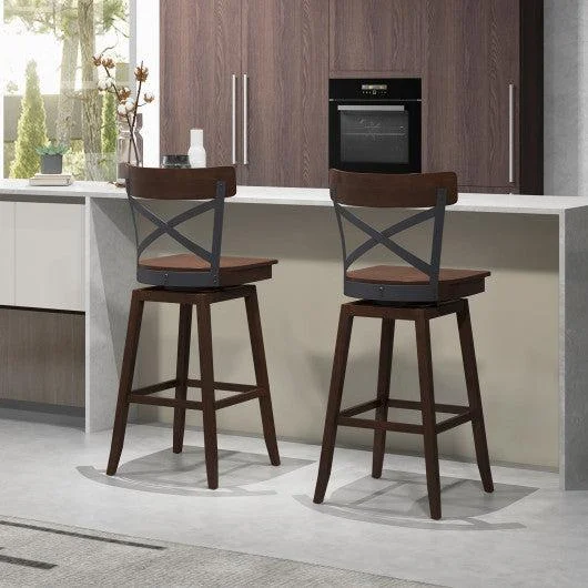 Costway 29" Set of 2 Wooden Swivel Bar Stools with Open X Back and Footrest