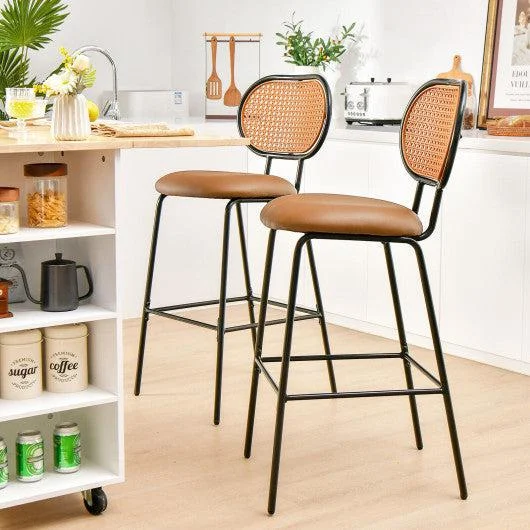 Costway 29.5" Brown Modern Faux Leather Bar Stools with Imitation Rattan Woven Backrest
