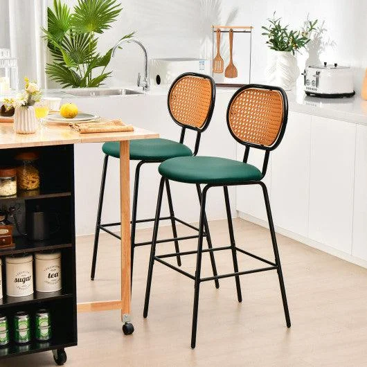 Costway 29.5" Green Modern Faux Leather Bar Stools with Imitation Rattan Woven Backrest