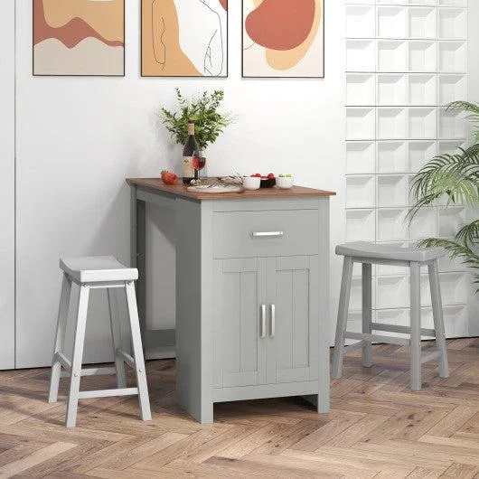 Costway 3-Piece Gray Bar Table Set for 2 with 2 Saddle Stools for Dining Room
