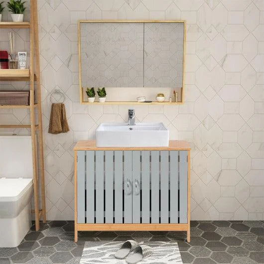 Costway Bathroom Under Sink Vanity Cabinet Bamboo Freestanding Shelf Cabinet