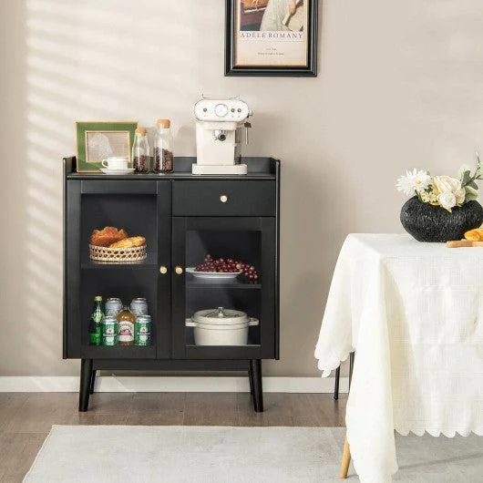 Costway Black Kitchen Buffet Sideboard with 2 Tempered Glass Doors and Drawer