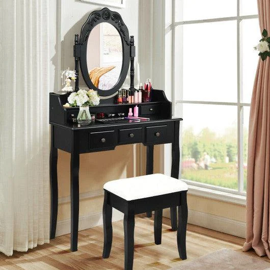 Costway Black Modern Bedroom Wood Dressing Table with Storage Shelf and Cushioned Stool