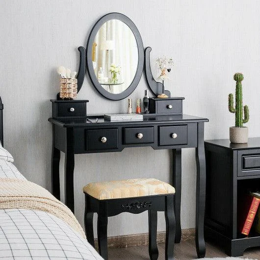 Costway Black Vanity Make Up Table Set Dressing Table Set with 5 Drawers