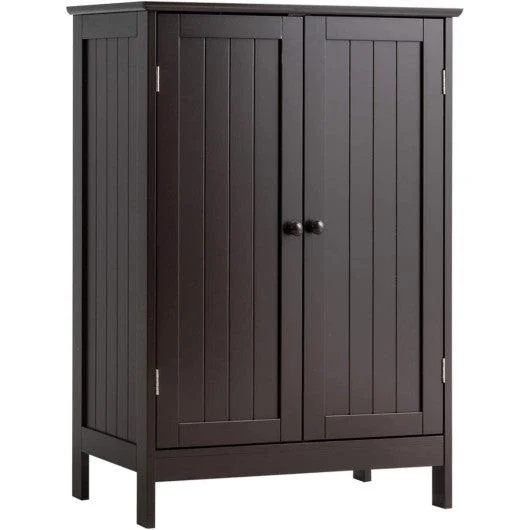 Costway Brown Bathroom Floor Storage Double Door Cupboard Cabinet