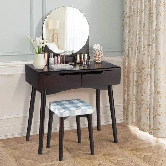Costway Brown Round Mirror Vanity Set with Organized Sliding Drawers