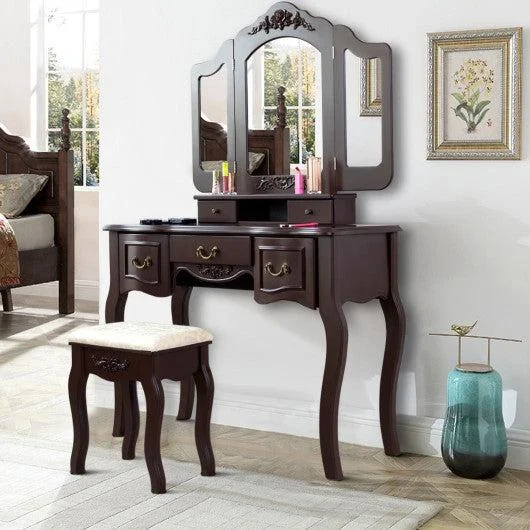 Costway Brown Tri Folding Vintage Vanity Makeup Dressing Table Set 5 Drawers