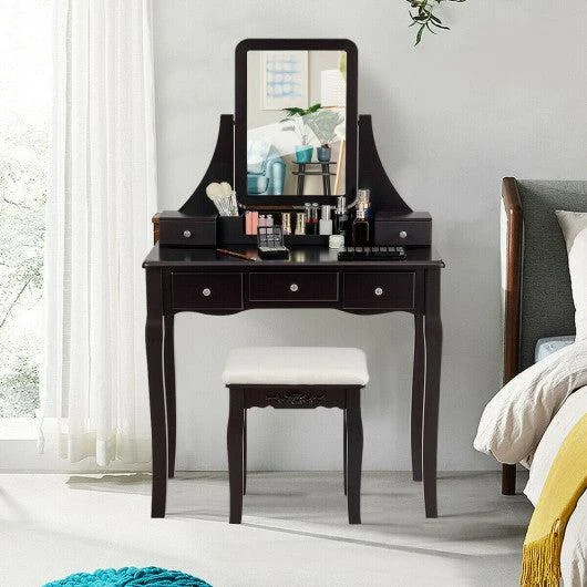 Costway Brown Vanity Set of Mirror Drawers Storage Box Makeup