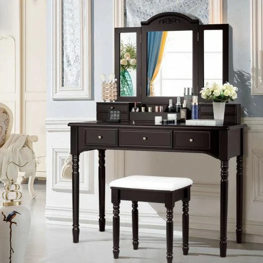 Costway Coffee Makeup Dressing Table with Tri-Folding Mirror and Cushioned Stool for Women