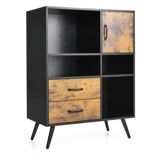 Costway Rustic Brown Industrial Buffet Sideboard Kitchen Cupboard with Cubbies Drawers