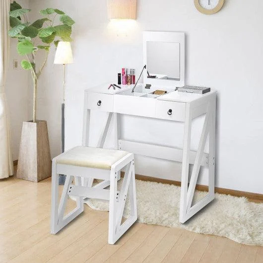 Costway Vanity Dressing Table Set Flip Makeup Mirror Stool with 2 Drawers