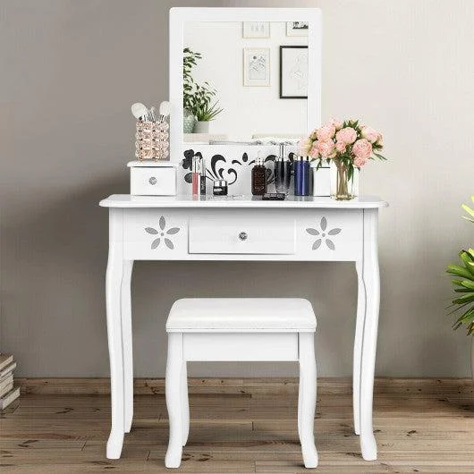 Costway Vanity Modern Carved Table and Stool Set with Mirror 3 Drawers