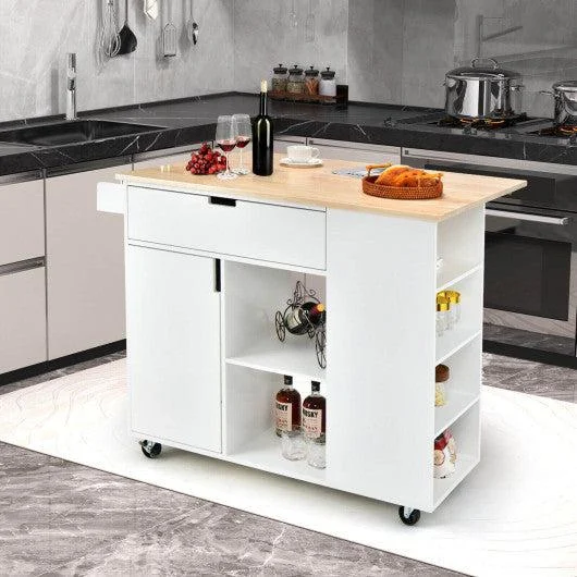 Costway White Drop-Leaf Kitchen Island with Rubber Wood Top