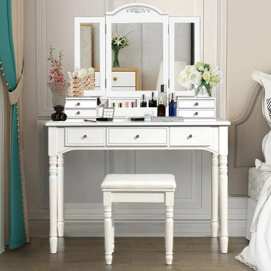 Costway White Makeup Dressing Table with Tri-Folding Mirror and Cushioned Stool for Women