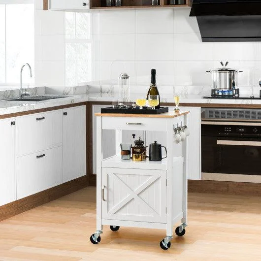 Costway White Rolling Kitchen Island Cart with Drawer and Side Hooks