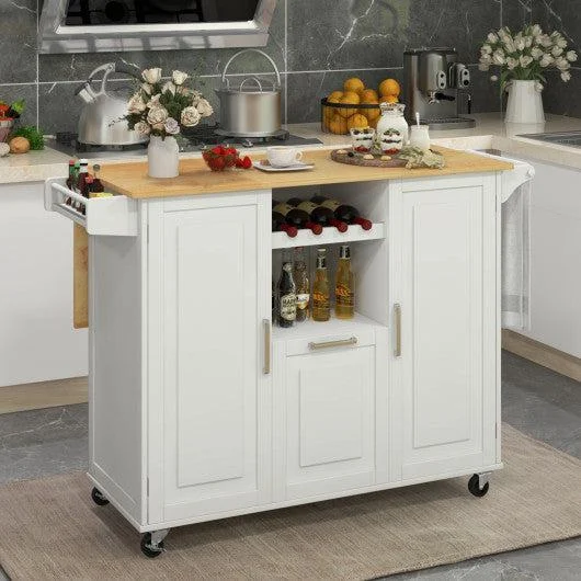 Costway White Rolling Kitchen Island Cart with Drop-Leaf Countertop ad Towel Bar