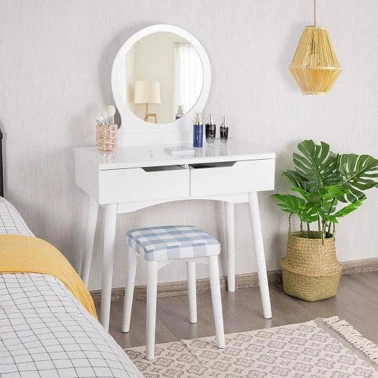 Costway White Round Mirror Vanity Set with Organized Sliding Drawers
