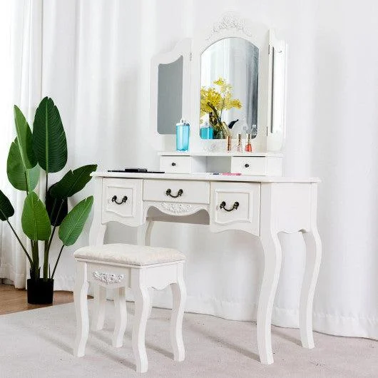 Costway White Tri Folding Vintage Vanity Makeup Dressing Table Set 5 Drawers