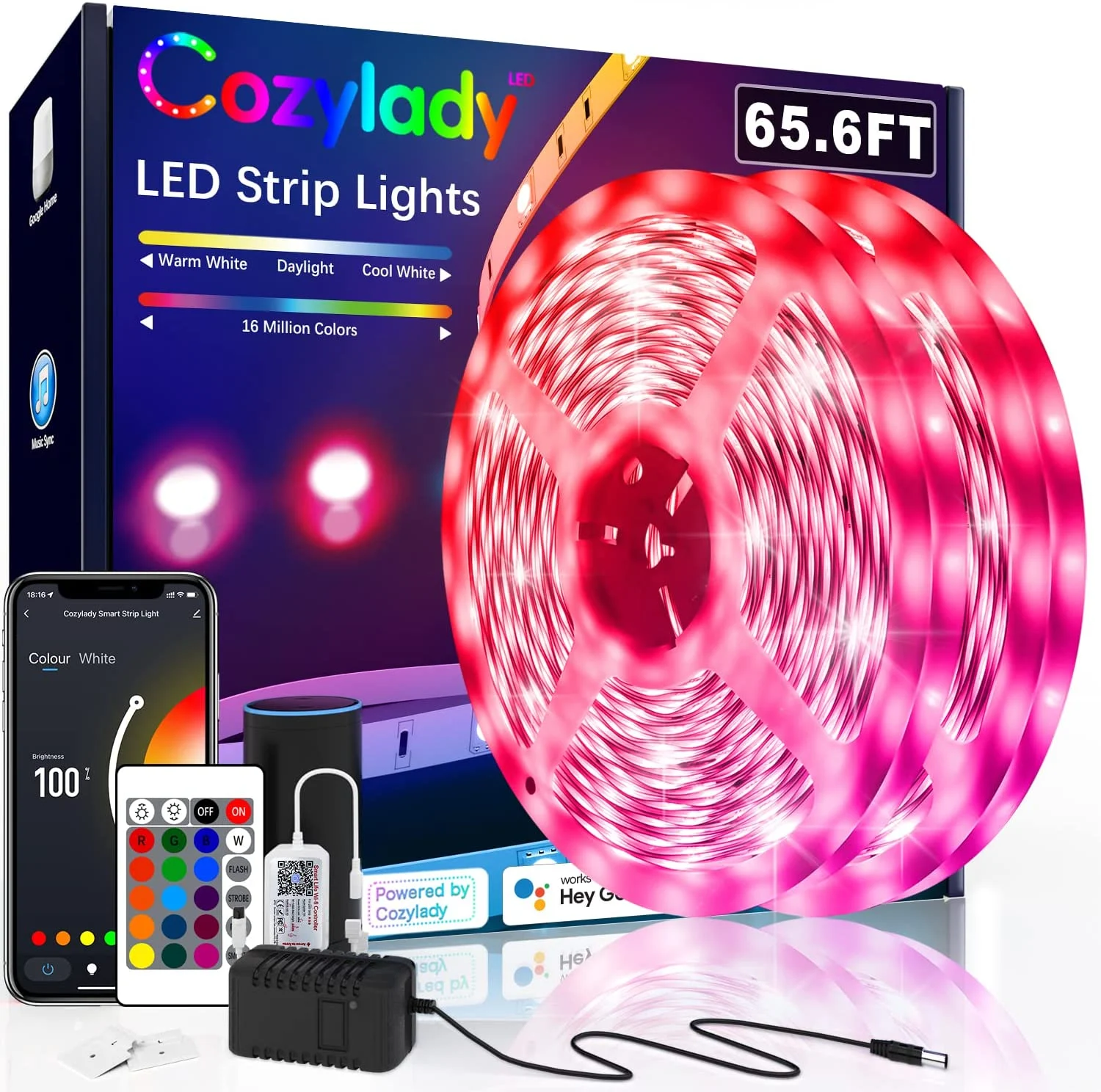 Cozylady LED Strip Light, Cozylady LED Light Strip for Bedroom, Kitchen(65.6ft, RGB)