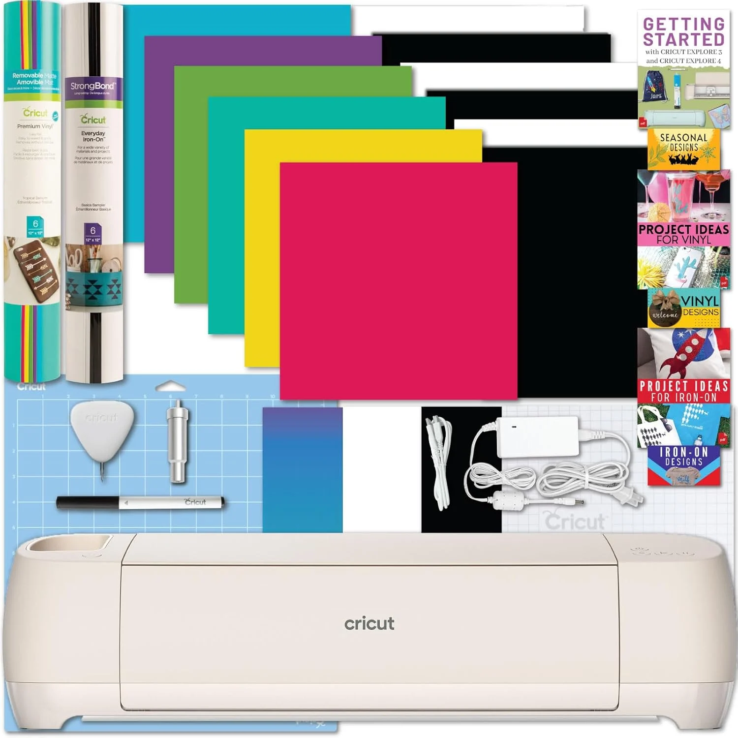 Cricut Explore 4 Machine with Vinyl and Iron-On Bundle – Beginner Friendly Craft Cutting Machine with Essential Materials, HTV and Adhesive Vinyl Variety Pack- DIY Decor Projects, Apparel and Decals
