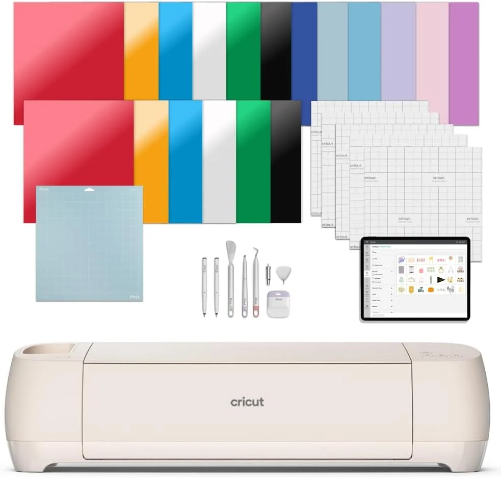 Cricut Explore 4 – Smart Cutting Machine (Seashell) | Engagement Bundle – Includes Smart Vinyl, Cardstock, Transfer Tape, Iron On HTV, Mat, Pens, Tool Kit, & 25 Images in Design Space App