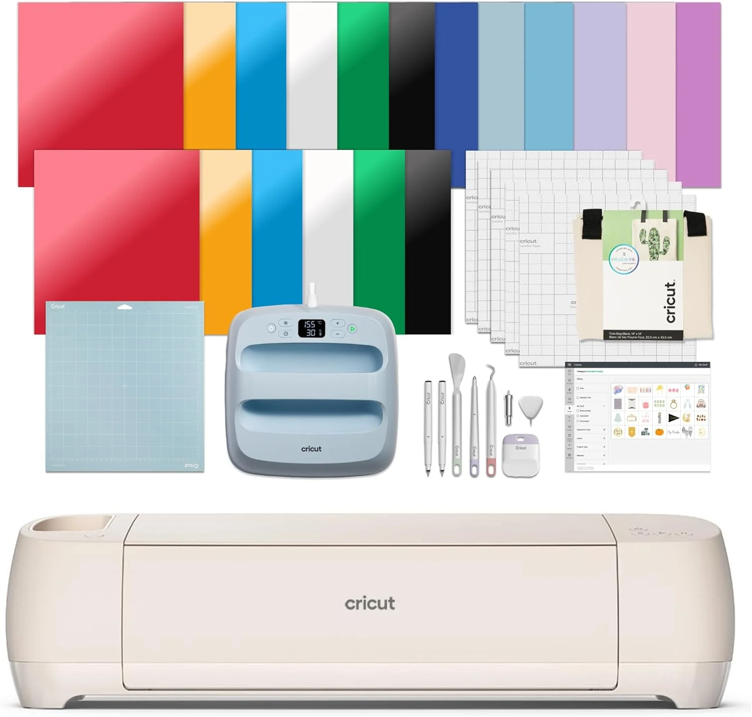 Cricut Explore 4 – Smart Cutting Machine (Seashell) | Engagement Plus Bundle – Includes EasyPress 3 Heat Press (9×9) + Mat, Tote Bag, Material Samplers, Machine Mat, Pens, Tools, & 25 Digital Images