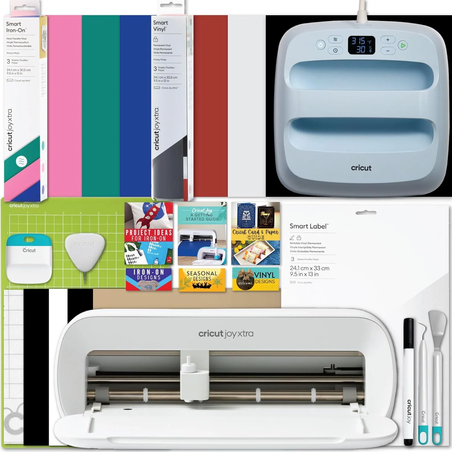 Cricut Joy Xtra Cutting Machine with EasyPress 3 9×9 and Heat Press Materials Bundle – Smart Bluetooth Craft Machine with Iron-On Vinyl and Iron Pressing Machine, Sublimation HTV for DIY Shirt Making