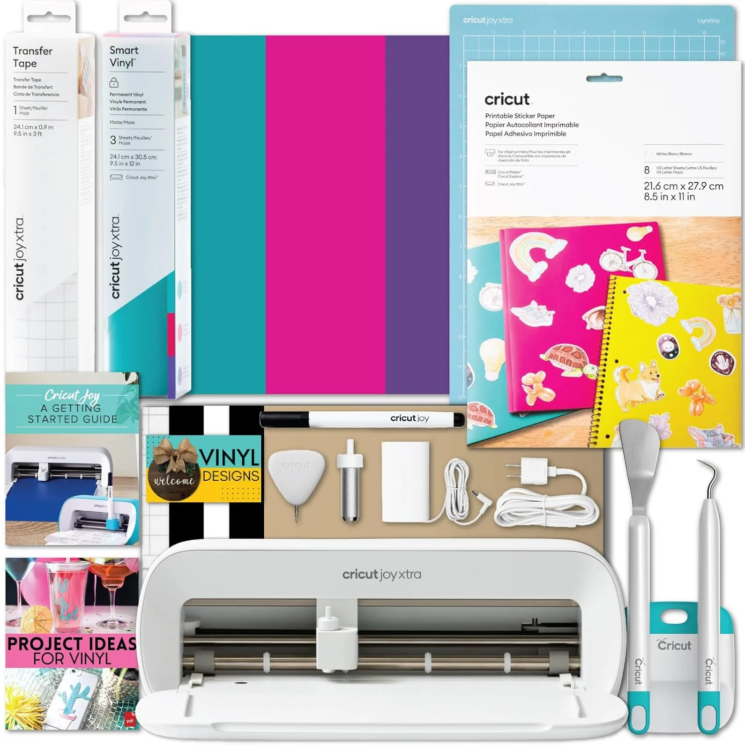 Cricut Joy Xtra Machine with Printable Sticker Paper and Vinyl Sampler Bundle – Beginner Sticker and Decal Making Kit with Cutting Machine and Tools -DIY Decor, Tumbler Stickers and Laptop Decals